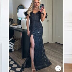 Chic Black Lace Maxi Dress Feather Sparkly Size XS